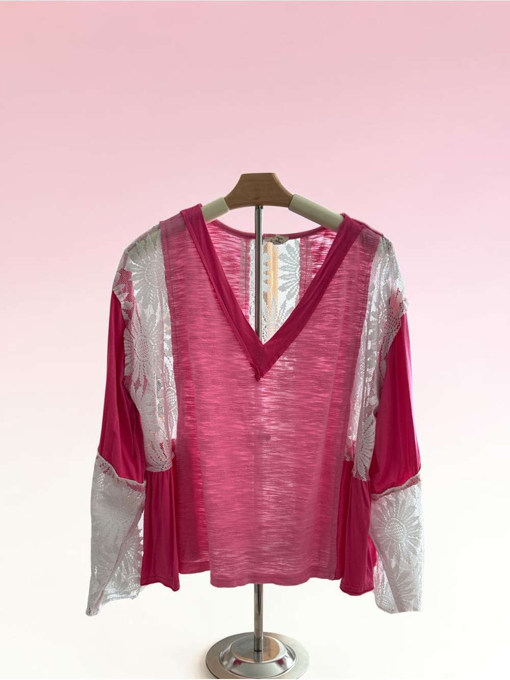 POL Fuchsia V-Neck Lace-Inset Blouse